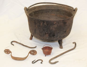 Antique iron kettle w misc small iron accessories