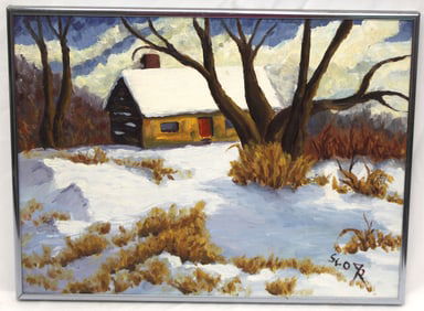 Initialed (?) o/bd winter landscape w house - overall framed size