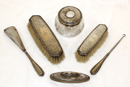 Sterling silver dresser set w glass hair receiver, button hook, shoe horn, etc
