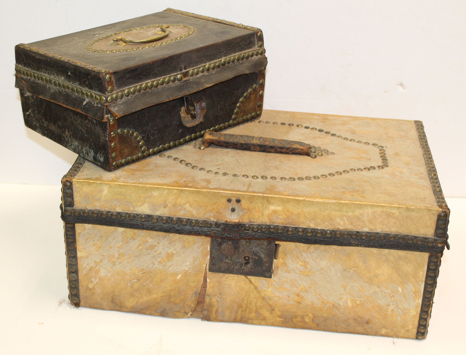 Lot of 2 hide covered brass tacked antique boxes: Lot of 2 hide covered brass tacked antique boxes