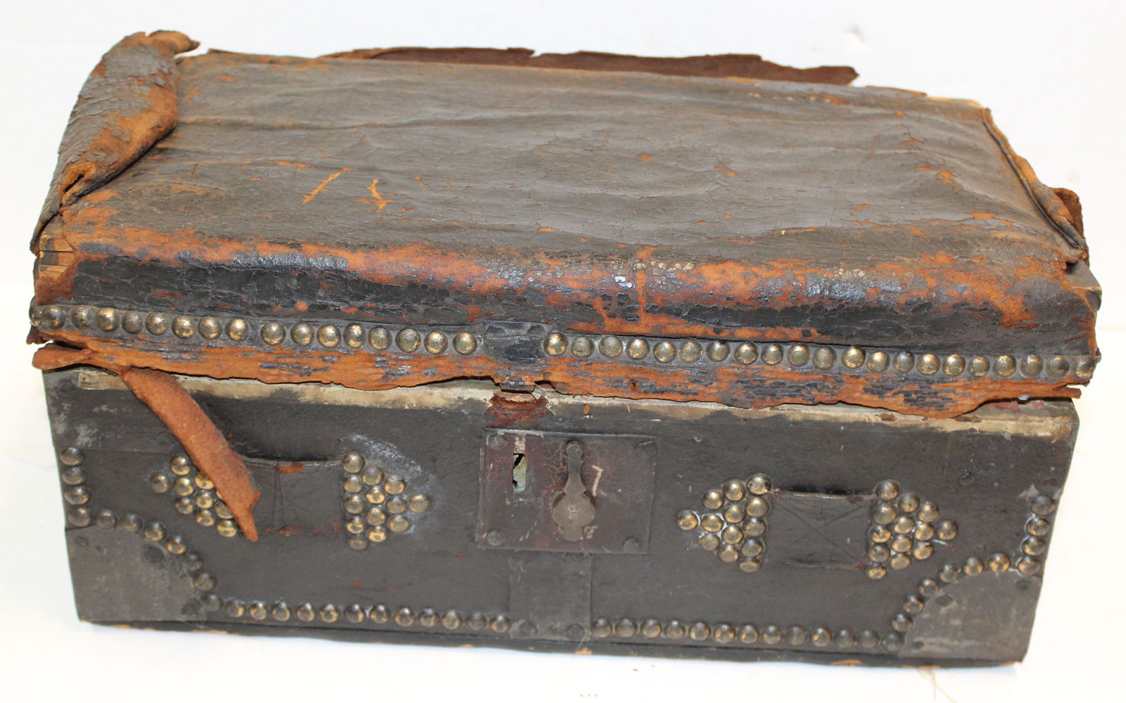 Antique Small Travel Trunk, Leather covered with 'studded' dome top. Interior lined with early 19th (1 of 7)