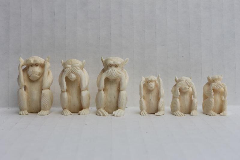2 sets of Chinese carved ivory monkeys - See No Evil, : 2 sets of Chinese carved ivory monkeys - See No Evil, Hear No Evil & Speak No Evil