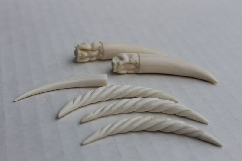 6 Chinese ivory tusks; 2 Ivory monkeys & 3 carved ivory: 6 Chinese ivory tusks; 2 Ivory monkeys & 3 carved ivory spirals - 2" - 2 1/4"