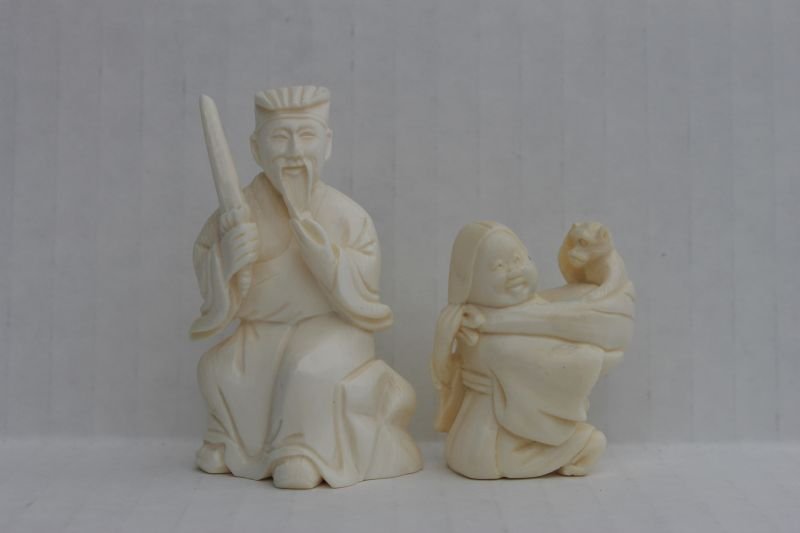 2 Chinese carved ivory figures incl a netsuke woman w m: 2 Chinese carved ivory figures incl a netsuke woman w monkey & seated man - 1 3/4" - 2 3/4"