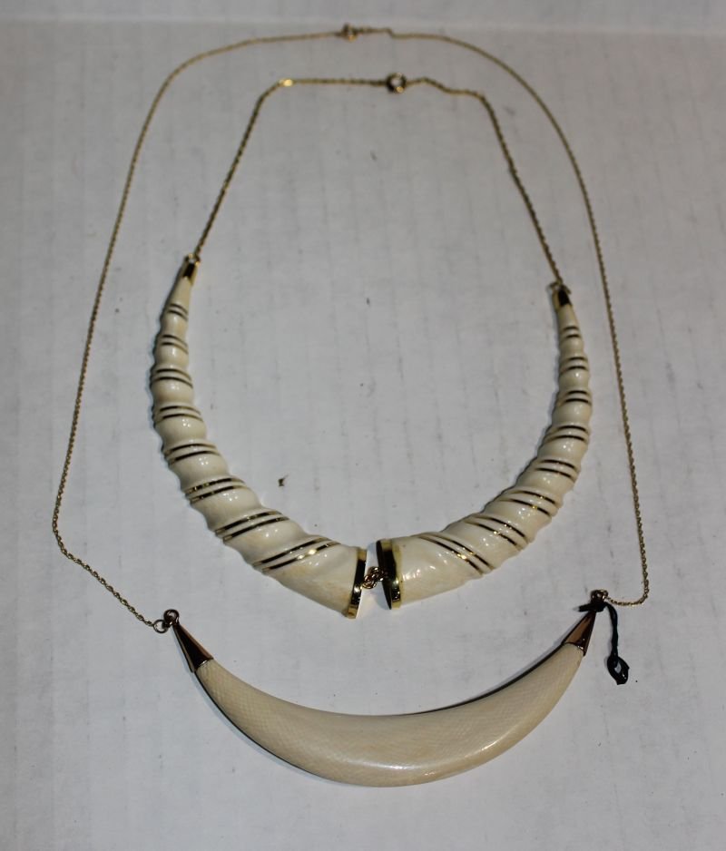 2 Chinese ivory gorgets - 1 w 14k gold accents - 4" & 5: 2 Chinese ivory gorgets - 1 w 14k gold accents - 4" & 5"