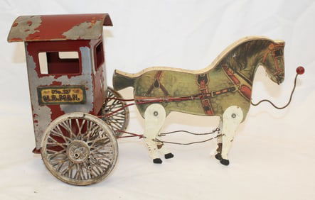 Wood & tin painted toy horse drawn US Mail wagon - 8" tall x 16" long