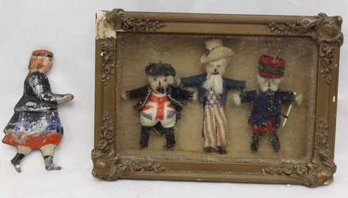 Small antique shadow box frame w 3 Fourth of July figures inside plus a Fourth of July ornament