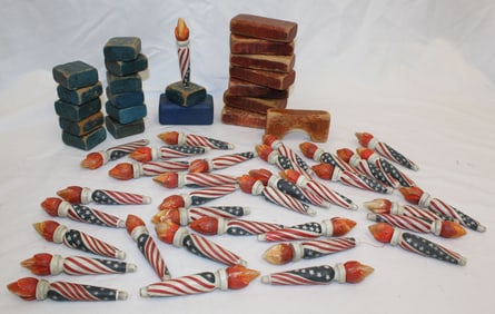 Lot of Fourth of July themed wooden painted torch form place card holders plus blue wooden blocks
