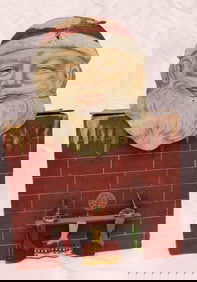 Antique cardboard automaton Santa over a mantle w clock works interior