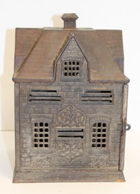 Rare large size antique cast iron house bank (missing stairs) - 11" tall x 7"x7"