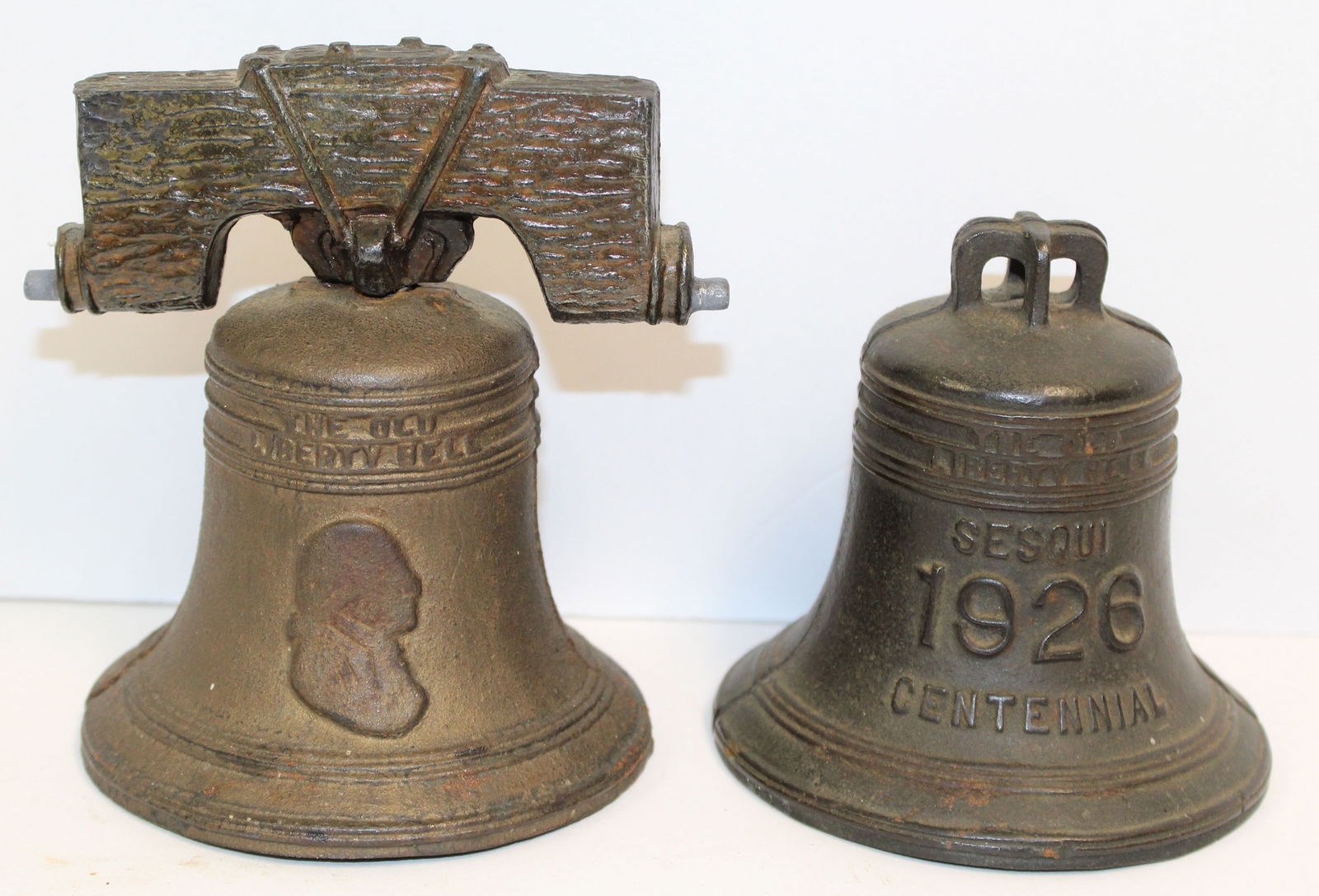 Lot of 2 antique cast iron Liberty Bell still banks - 4 1/2" & 3 1/2" tall (1 of 5)