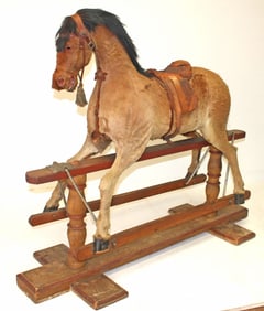 Antique gliding/rocking horse w horse hair mane & tail - covered in deer skin on wooden painted