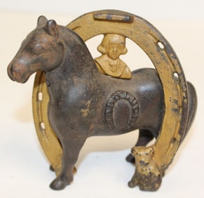 Antique cast iron "Good Luck" horse & horse show still bank - 4 1/2" tall x 5" long