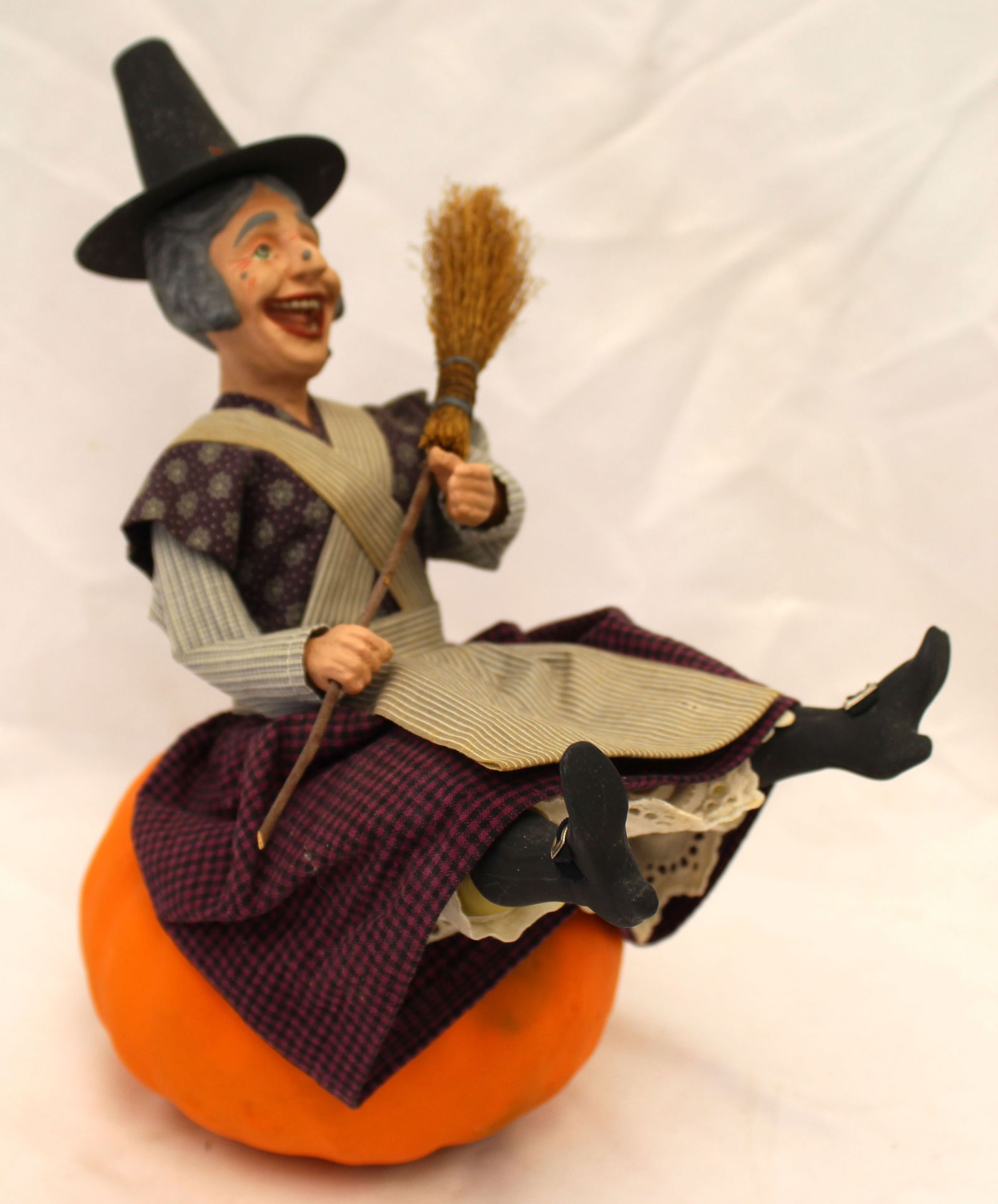 Signed Kathy Patterson Halloween witch on broom candy container dated 2001 - 11 1/2" tall (1 of 8)