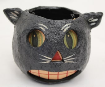 Vintage black cat Halloween lantern/pail - 3 1/2" tall x 4 1/2" diam