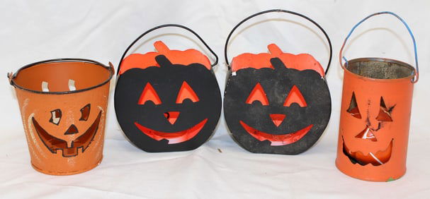 Lot of 4 tin Jack-O-Lantern lanterns/pails - 4" - 4 1/2" tall