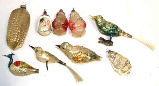 Lot of antique glass Christmas ornaments & clips incl birds & santas - 3 1/2" - 4"