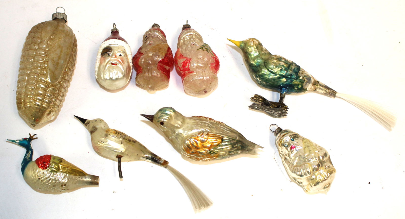 Lot of antique glass Christmas ornaments & clips incl birds & santas - 3 1/2" - 4": Lot of antique glass Christmas ornaments & clips incl birds & santas - 3 1/2" - 4"