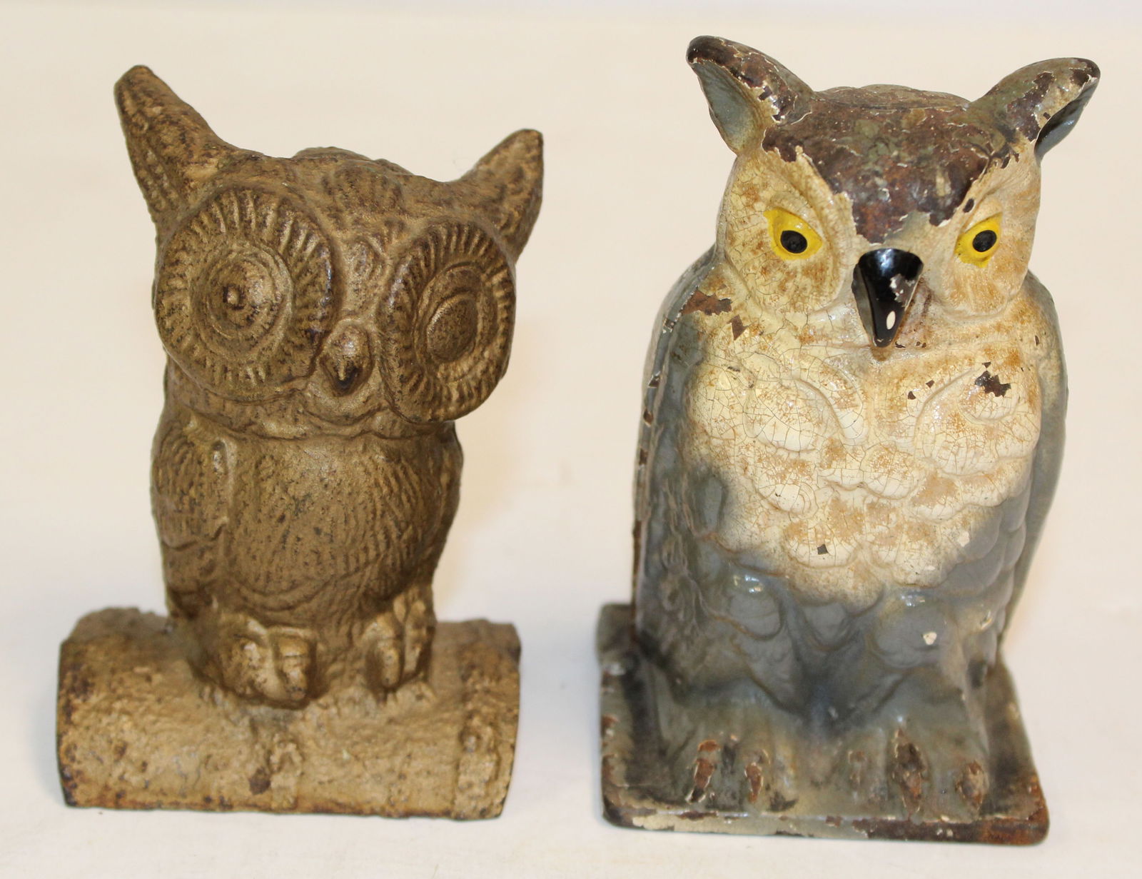 Lot of 2 antique cast iron Owl still banks incl 1 in gray & white paint - 3 3/4" & 4 1/4" tall (1 of 5)