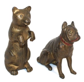 Lot of 2 antique cast iron still banks incl Bear & Dog - 5 1/2" & 4 1/2" tall
