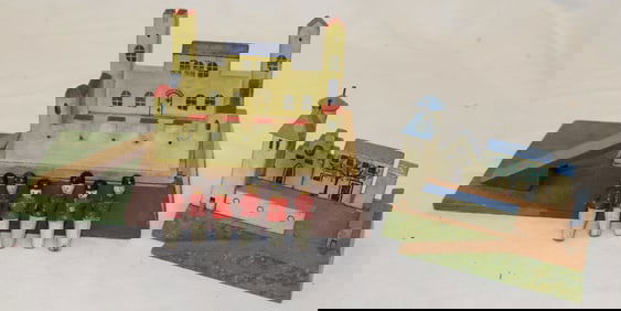 Lot of 2 Putz castles w soldiers - sm castle is 2 1/2" tall x3 1/2"x2 1/2" & large castle is 3 1/2"