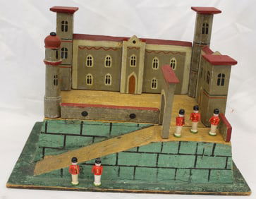 Large Putz castle w soldiers - castle is 9" tall x 13"x8"