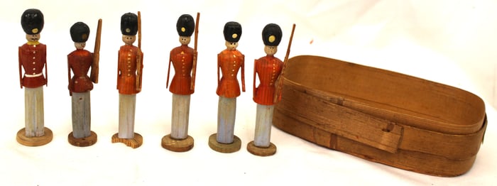 Lot of 6 Putz soldiers in oval pantry box - 3 1/2" - 4 1/2" tall soldiers