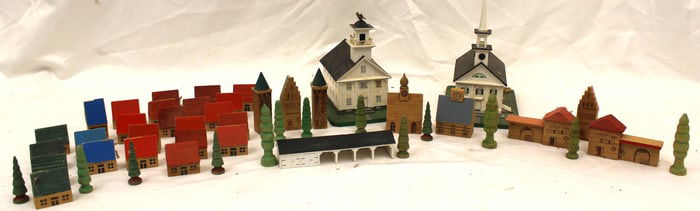 Vintage wooden village w churches, houses, trees, outbuildings, etc - 1 1/2" - 6 1/2" tall