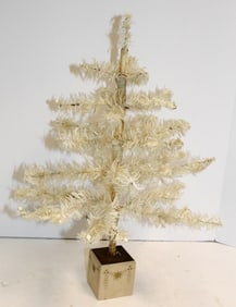 Antique white feather Christmas tree in painted wooden base - 20" tall