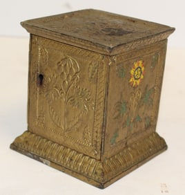 Antique cast iron gold paint floral decorated still bank - 4 1/2" tall x 4"x4"