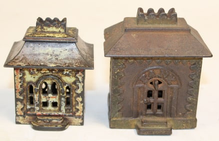 Lot of 2 antique cast iron house form still banks - 3 1/2" & 4" tall