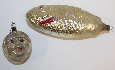 lot of 2 antique glass figural Christmas ornaments incl fish & face - 5 1/2" & 2"