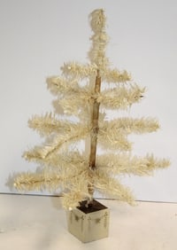 Antique white feather Christmas tree in painted wooden base - 18" tall