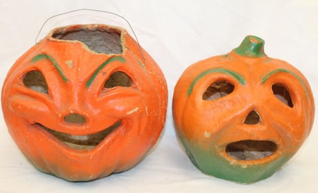 Lot of 2 vintage Halloween Jack-O-Lantern lantern/pails - 7 1/2" & 7" tall