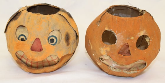 Lot of 2 small antique Jack-O-Lantern lantern/pails - 3 1/4" & 3 1/2" tall