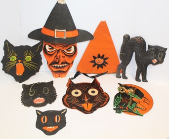 Lot of vintage Halloween paper/cardboard decorations - black cat & witch theme - 6 1/2" - 18 1/2"