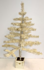 Antique white feather Christmas tree in painted wooden base - 30" tall