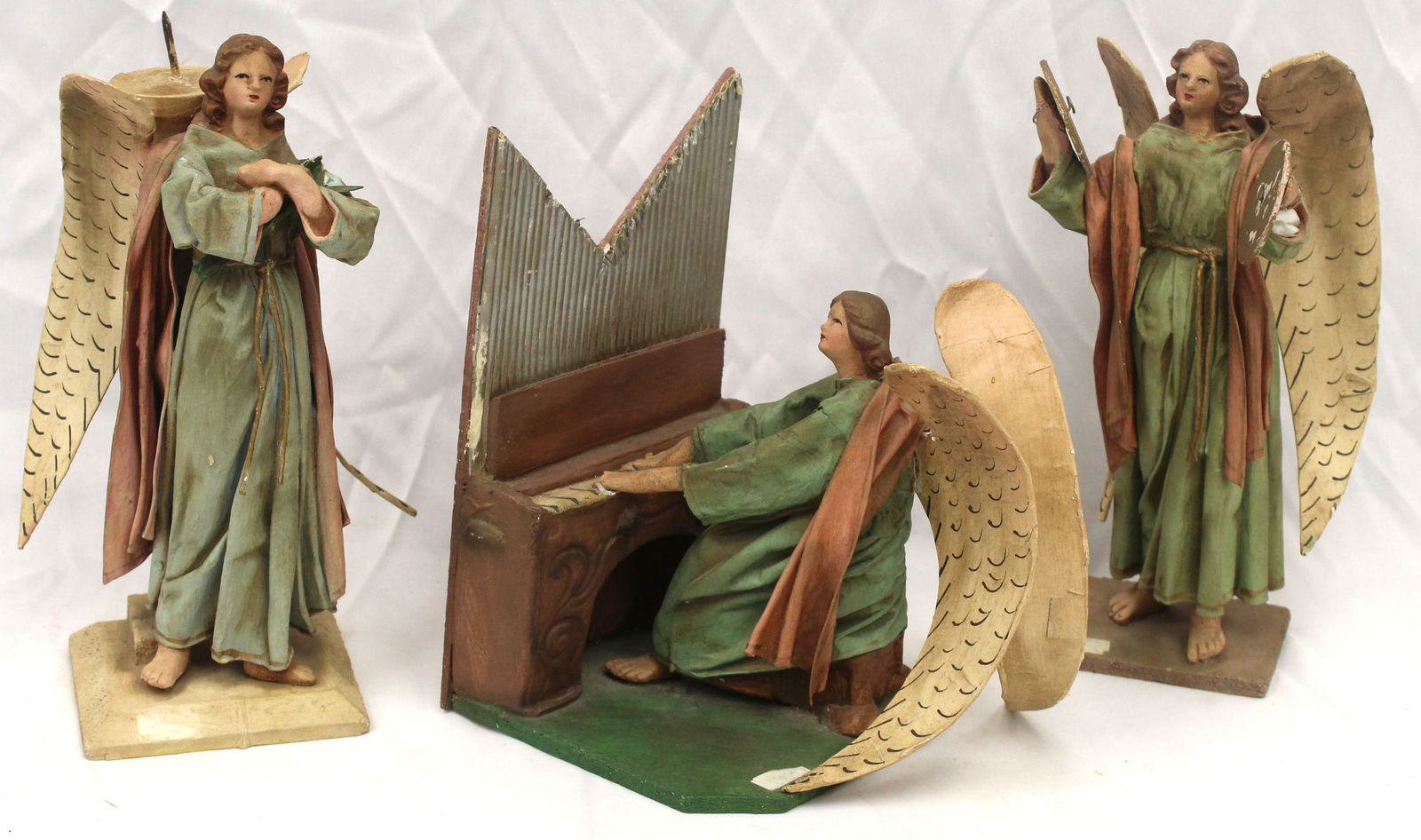 Lot of 3 vintage painted composition, paper & wooden angels musicians - 9 1/2" tall & 8" tall (1 of 9)