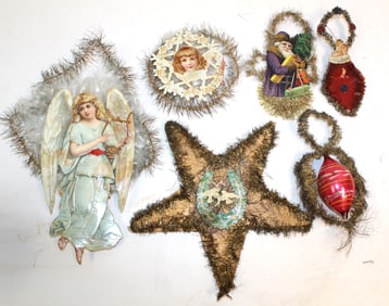 Lot of Victorian scrap paper, glass & tinsel decorations/ornaments
