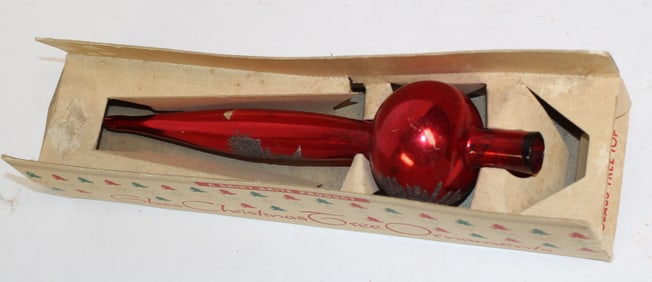 Vintage/antique red glass steeple Christmas tree topper in orig box - 11" tall ornament only