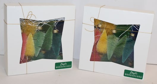 Lot of 2 contemporary orig boxed Christmas trees - trees are approx 4 1/2" tall - boxes are 9"x9"x2