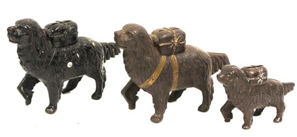 Lot of 3 antique cast iron still banks - dogs w packs on backs in graduated sizes - 6" tall x 8"
