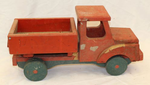 Vintage wooden painted dump truck in red & green - 12" tall x 24" long x 8" wide