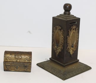 Lot of 2 antique cast iron still banks incl treasure chest & fancy urn - 2 1/4" tall x 3" wide & 7