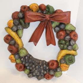 Vintage papier mache or pulp wreath w fruit & ribbon motif - 27" diam