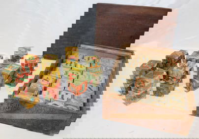 Antique wooden block lot incl some w lithoed paper graphics & carved wooden in slide top box