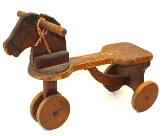 Wooden horse ride 'em toy on wooden wheels - 17 1/4" tall x 19" long