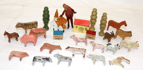 Lot of vintage wooden painted miniature Christmas village w people, trees, animals & houses - 1/2" -