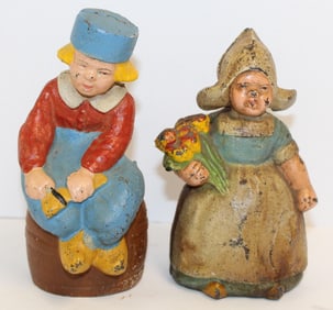 Antique cast iron painted Dutch Boy & Girl still banks - 4 1/2" & 4" tall