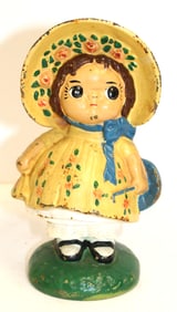 Vintage cast iron painted still bank - Little Girl w Bonnet - 7 1/2" tall